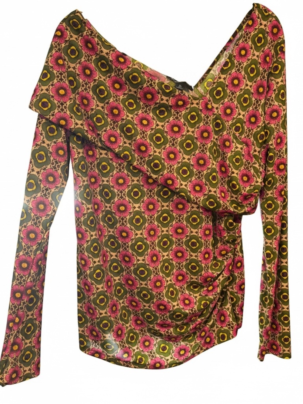 INC International Concepts Pink Floral Olive Long Sleeve Off-Shoulder Top